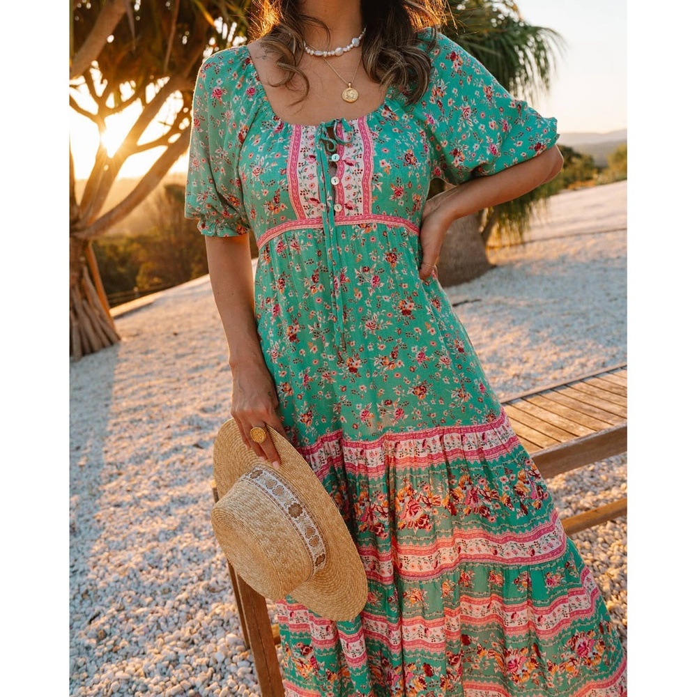 Boho Pink Floral Print Off Shoulder Midi Dress - Picture 13 of 14